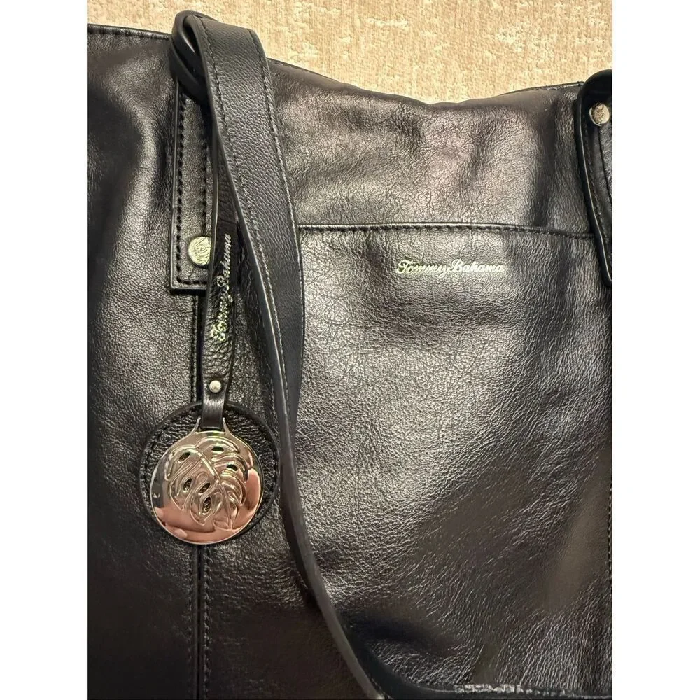 Tommy Bahama Women's Lido Key 100% Leather Shoulder Tote Handbag Black